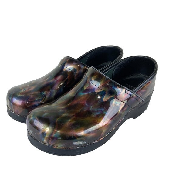 Dansko Pro Womens Sz 41 US 10.5 11 Patent Leather Petrol Oil Clogs Comfort Shoe - Picture 1 of 9